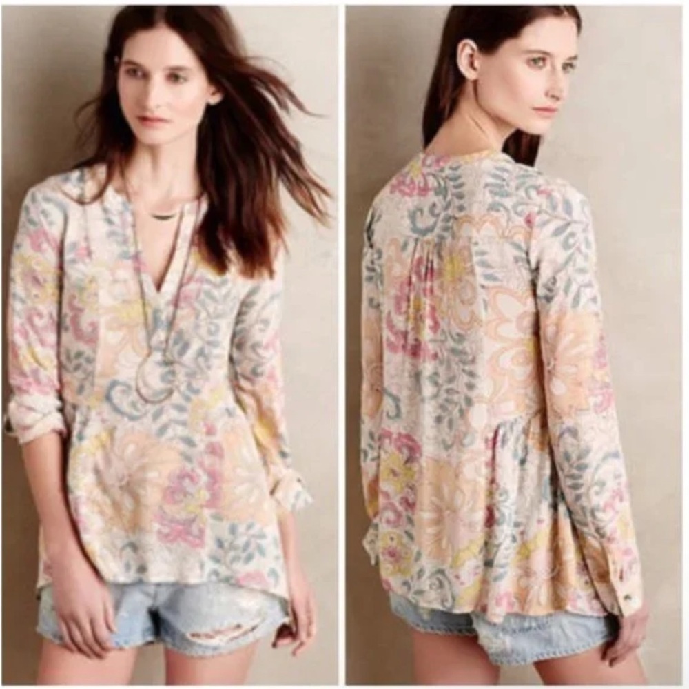Maeve Anthropologie Tunic Blouse Women’s XS Water Colors Boho Colorful Hippie